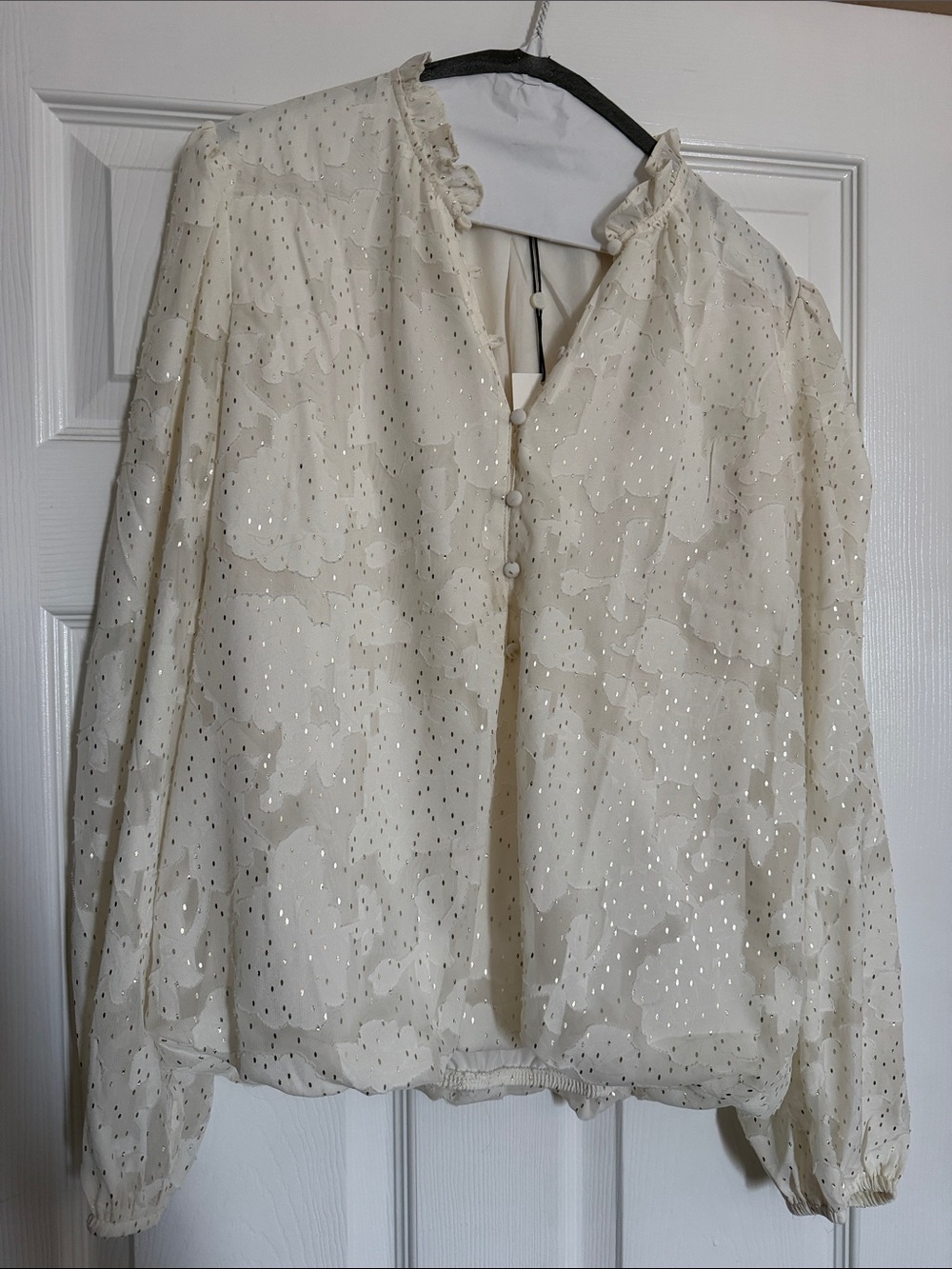 Cream Metallic-Dot Ruffle-Neck Blouse